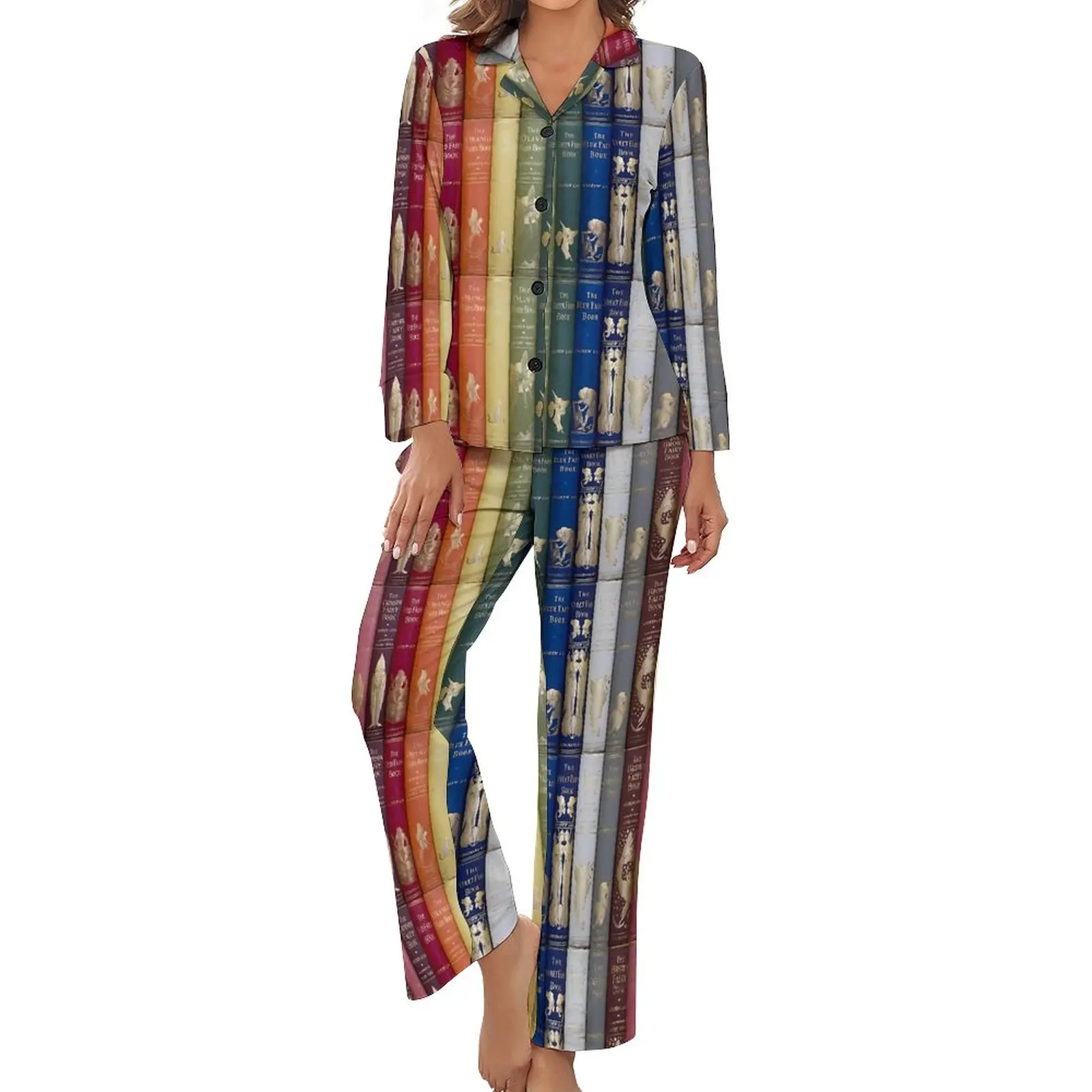 

Library Print Pajamas Fairy Tale Books Sleep V Neck Sleepwear Female 2 Pieces Graphic Long Sleeve Fashion Pajamas Set