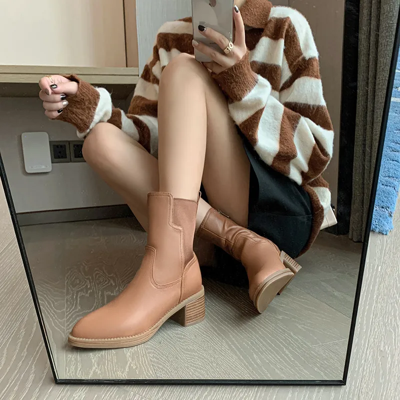 

MKKHOU Fashion Short Boots Women New High Quality Real Leather Simple Round Head Chunky Heel Chelsea Boots Daily Ankle Boots
