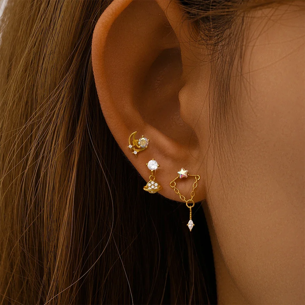 KO 1 шт. серьги-гвоздики из чистого серебра 925 пробы луна/природна/пятиконечная