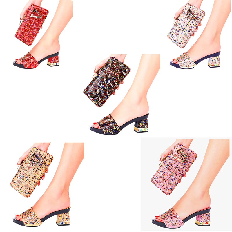 Shoe Bag Set Women Summer Party Wedding Birthday Ball Wholesale Plus Size Italian Design Free Shipping Shiny Crystal Slippers