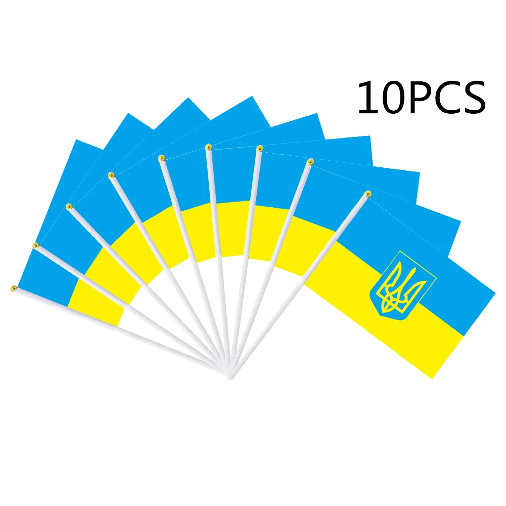 

10pcs Ukraine Stick Flag, Ukraine 20*28CM HandHeld Mini Flag With White Pole - Vivid Color and Fade Resistant with Waterproof