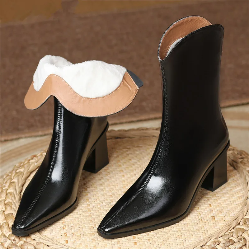 

ENMAYER 2023 новые женские ботинки на толстом меху с острым носком на молнии на высоком квадратном каблуке Модные женские зимние ботинки модная обувь