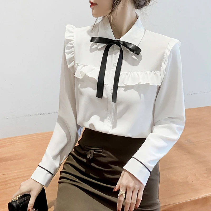 

Новая Милая женская одежда с бантом, элегантная шифоновая блузка, топ, однобортная офисная рубашка с длинным рукавом, блуза
