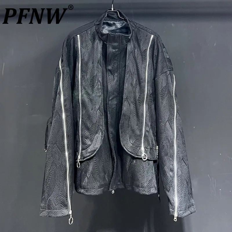 

PFNW Autumn Winter Men's New Jackets Leaf Water Ripple Jacquard High Street Vintage Darkwear Zipper Stand Collar Coats 28A0312