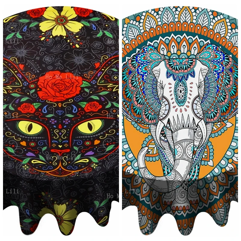 

Cool Hippie Dark Sugar Kitty Trippy Meow Day Of The Dead Unique Mandala Indian Elephant Textured Round Tablecloth By Ho Me Lili