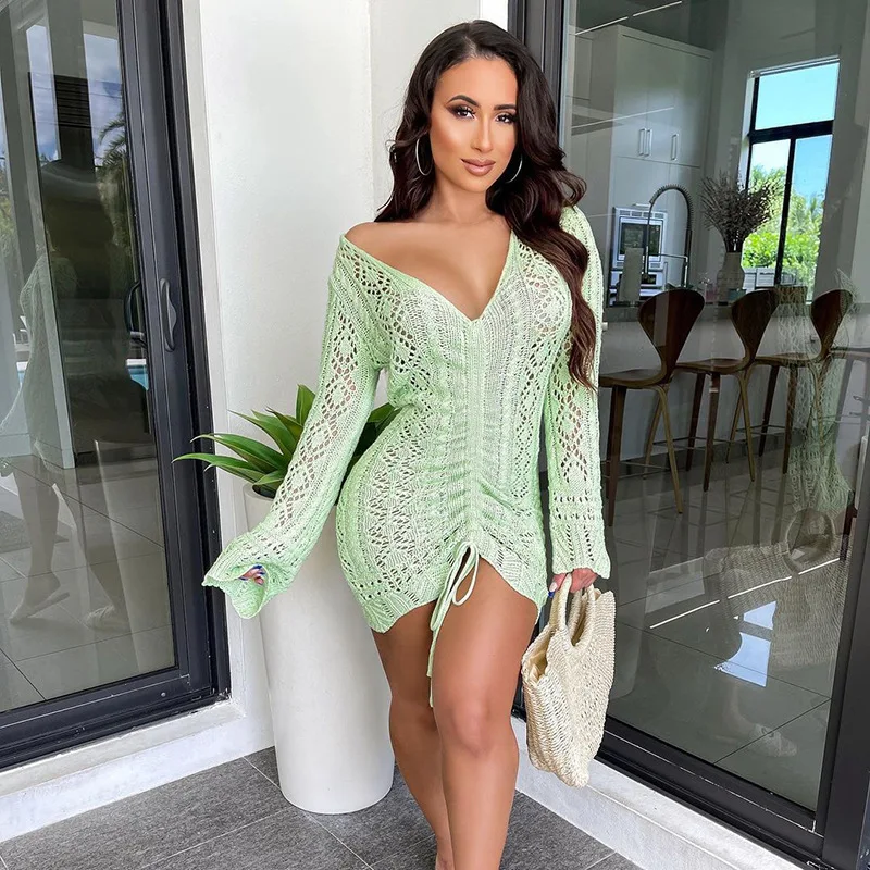 Women Dress Hollow Out Knitted Hook Flower Drawstring Long Sleeve V Neck Slim Dresses Spring Fall Casual Vestidos