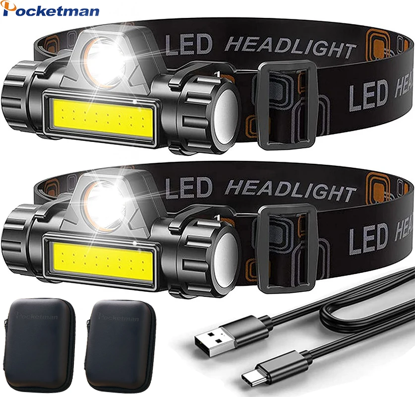 

Суперъяркая светодиодная фара со встроенным аккумулятором 18650 Q5 + COB светодиодный ная фара, перезаряжаемая наружная фара, фара для альпинизм...