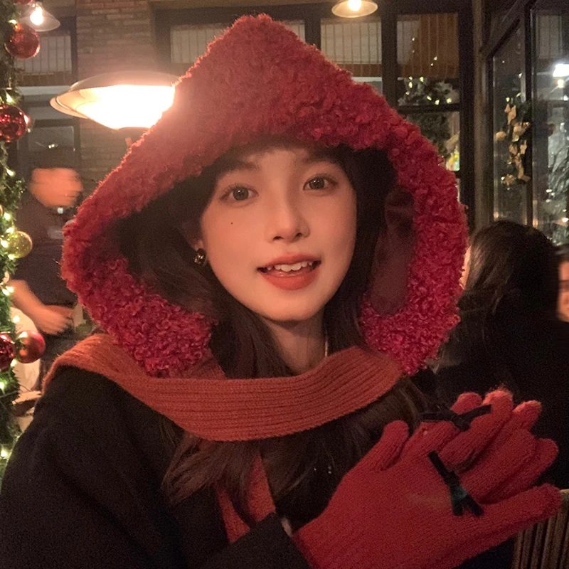 

New Year's Red Strap Balaclava Hats Women Autumn and Winter Korean Fashion Versatile Thermal Pullover Ear Protection Bomber Cap