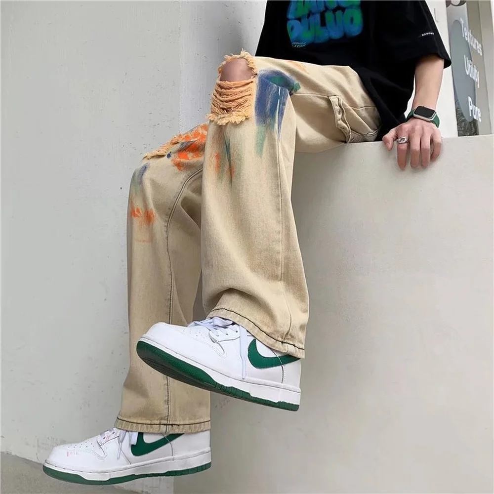 Men's Straight Jeans Summer Simple Style Hole Painted Jeans Street Hip Hop Retro Loose Men's Pants Fashion INS Hot Sale Korean