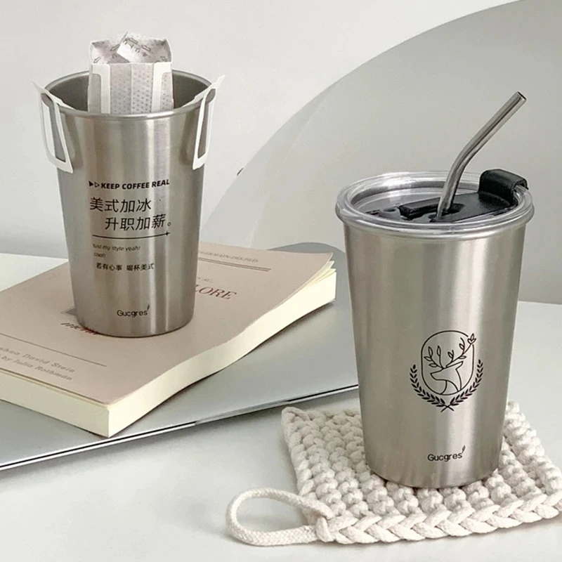 

New Stainless Steel Coffee Mug with Straw Lid Portable Coffee Cup Drinking Beer Milk Water Cup Restaurant Bar Party 500ml