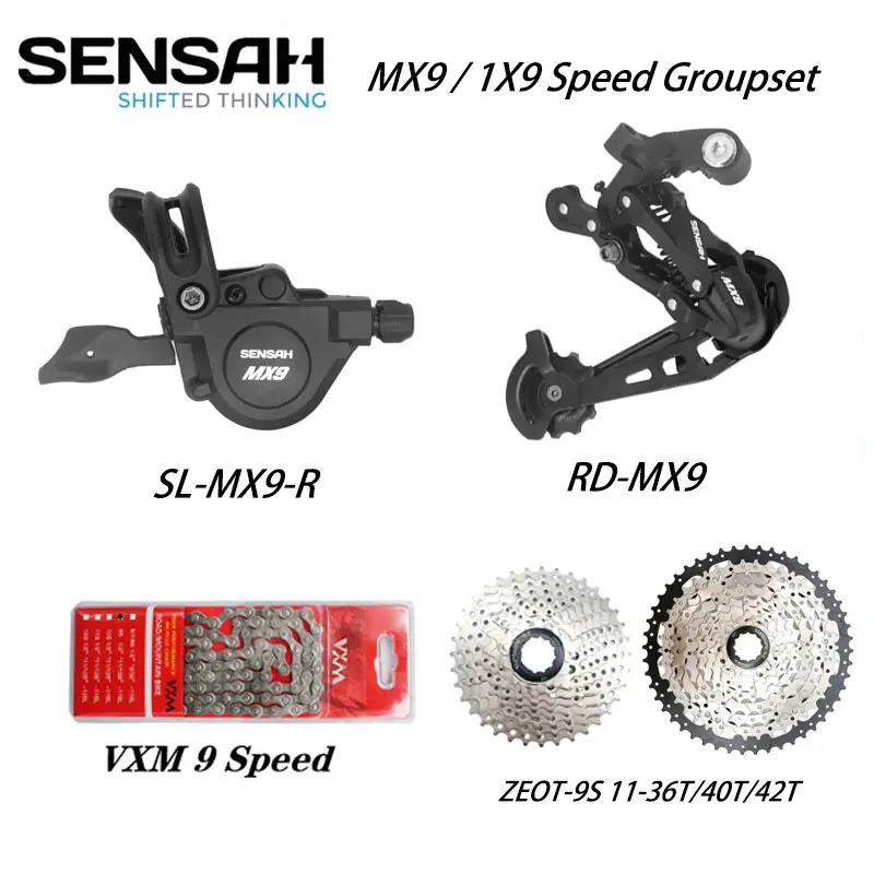 

SENSAH MX9 1X9S Groupset Bicycle 9 Speed Shift lever + Rear Derailleur + ZEOT 9V Cassette 36T 40T 42T + VXM X9 Chains