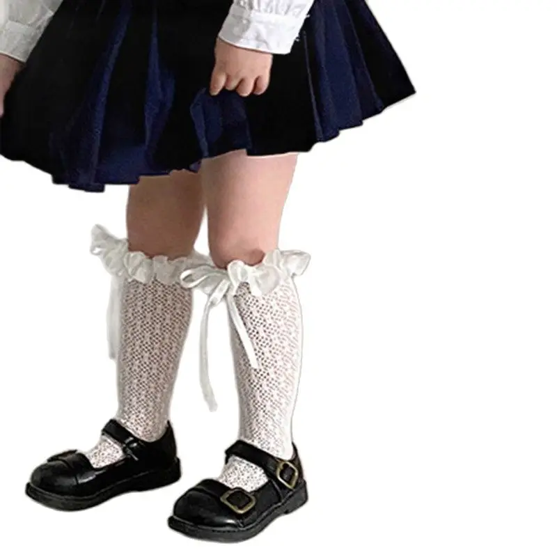 

Летние детские носки с бантом, длинные гольфы для девочек, детские носки-трубы с бантом, Детские ажурные носки, однотонные кружевные гольфы