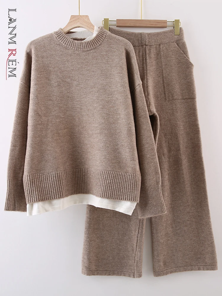 

LANMREM Knitted Spliced 2 Pieces Set Women's Round Neck Long Sleeves Causal Sweater High Waist Straight Trousers 2023 New 32D652