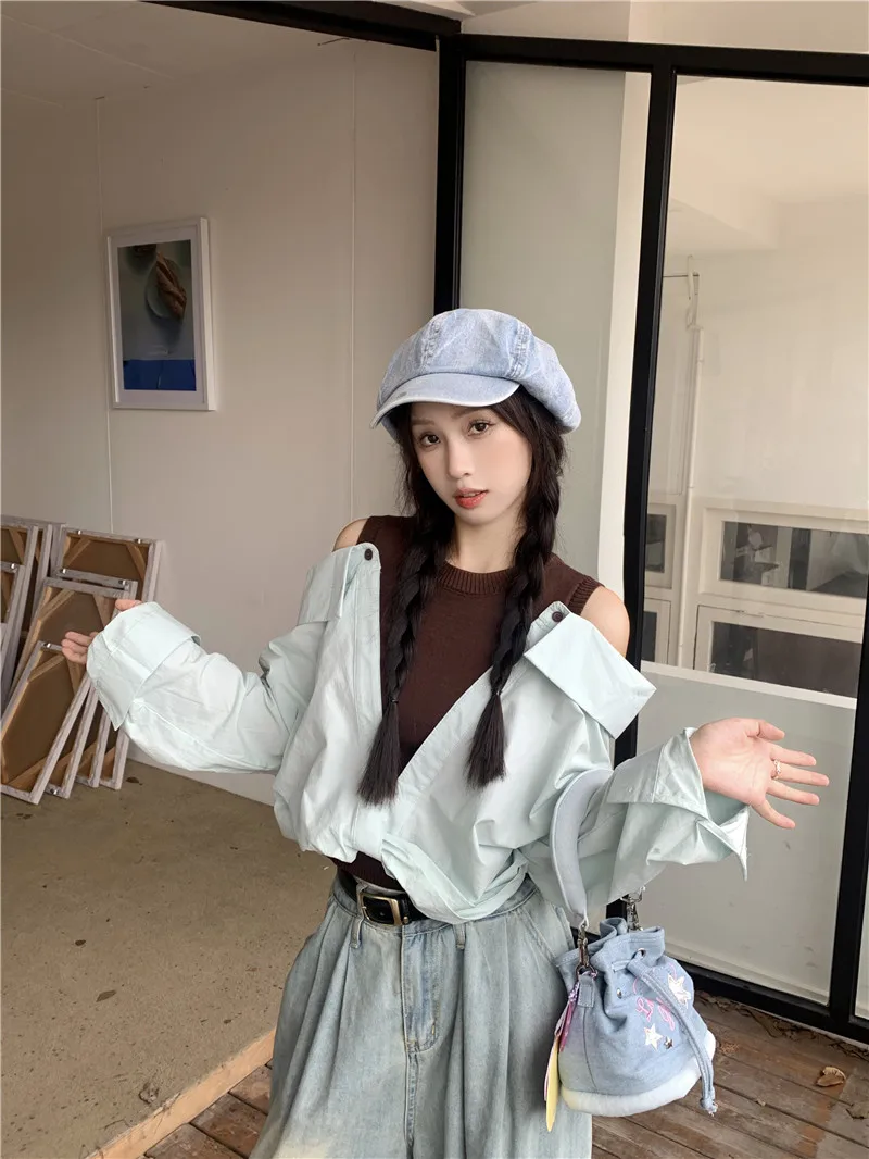 

GY4660 Korean 2023 New Design Sense Fashion Loose Versatile Fake Two Off Shoulder Panel Long Sleeve Shirts