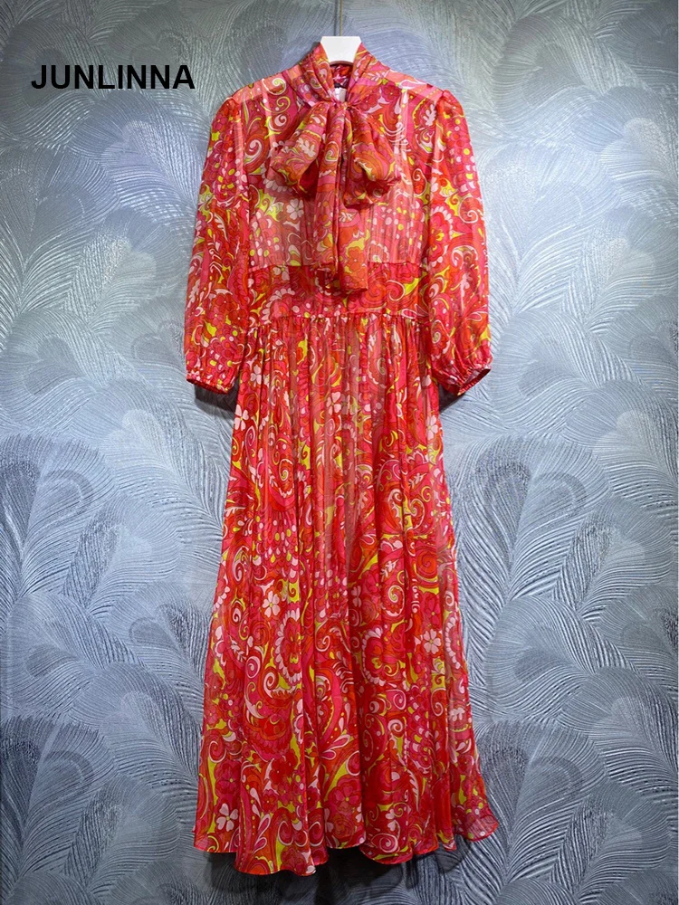 

JUNLINNA Elegant Women Dress 2022 Spring Summer High Street Long Vestidos Scarf Collar Printed Party Dresses