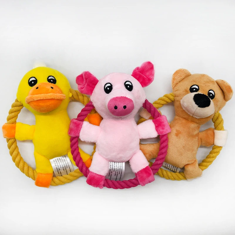 

Cotton Rope Pet Dog Throw Toys Cartoon Duck Pig Small Medium Dogs Squeaker Chew Training Toy Durable Outdoor Dog Toy Flying Disc
