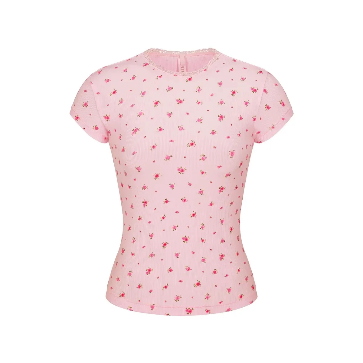 

Skims Kardashian floral pink high waisted shorts with elastic tight fitting short sleeved T-shirt top lace