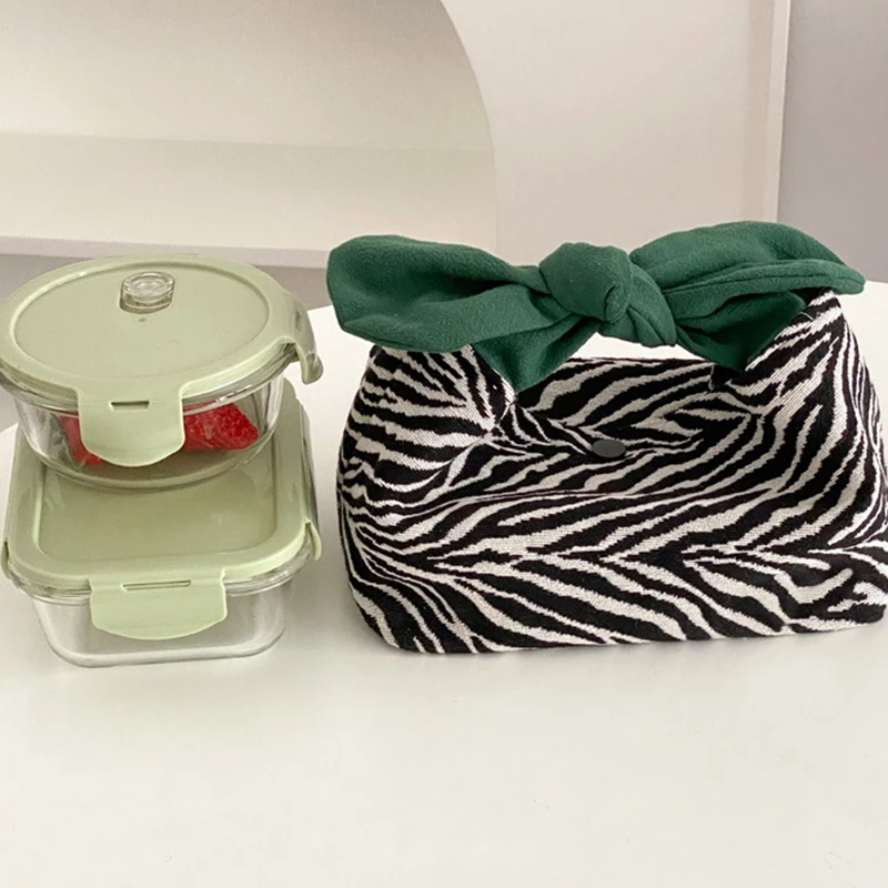 Fashion Women's Zebra-Print Makeup Bag Cute Bunny Ears Handbag Lunch Box Bag Japanese Ins Style Bento Bag Lunch Box Handbag