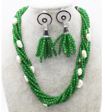 

7rows freshwater pearl near round green jade faceted necklace earrings 19"
