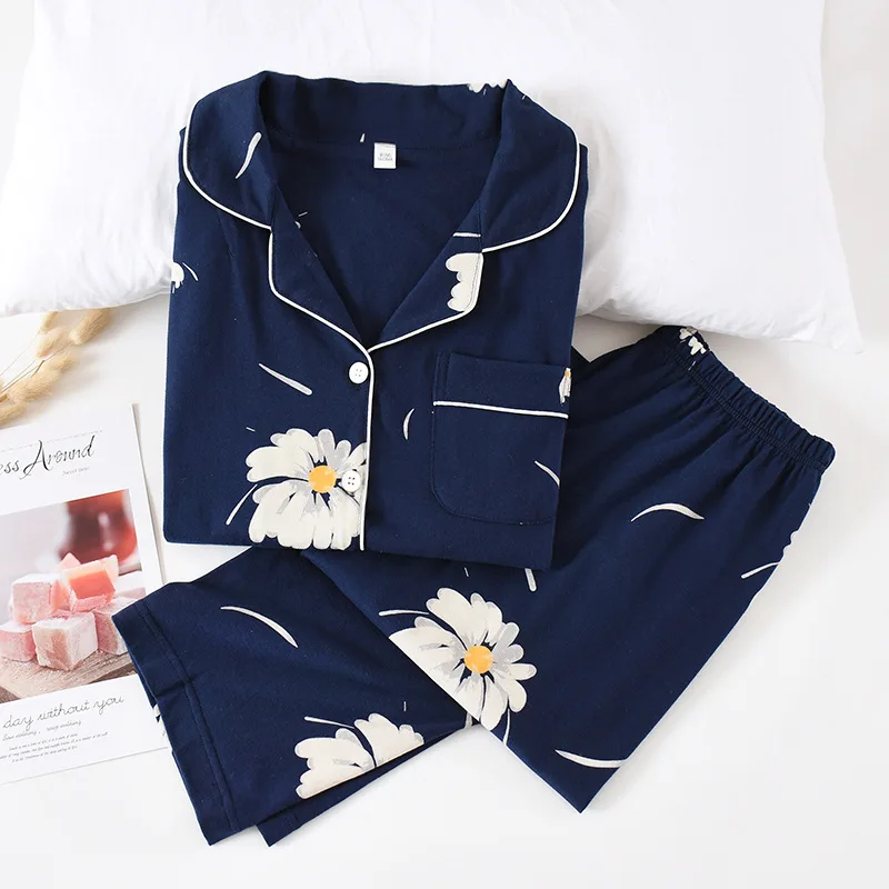 Japanese style new spring and autumn ladies 100% cotton pajamas suit small flowers long-sleeved two-piece summer home service