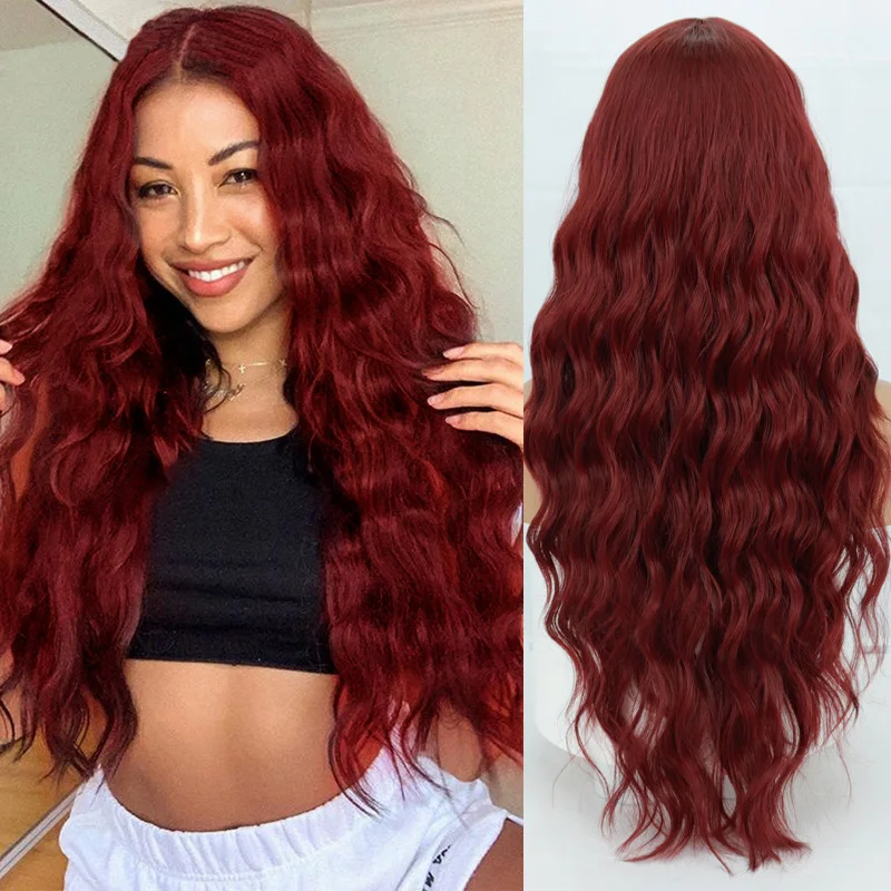 

Water Ripple Long Wigs For Women Human Hair Without Bangs Wine Red Pink Blue Synthetic Wig female Fiber Suitable Cosplay