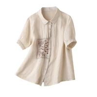 new short sleeve summer women shirts blouses ramie turn down collar embroidery chinese style single breasted