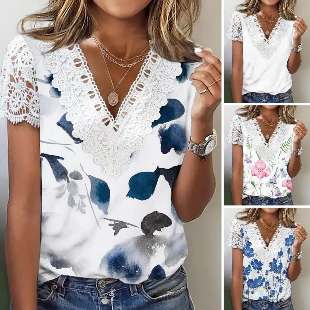 

Tee Shirt V-neck Women T-shirt Vivid Floral Leaves Print Women Tops