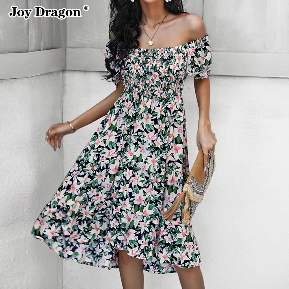 

Women Summer Print Dress Short Sleeve Ruffle A-line Square Collar Slim Fit Pullover Off Shoulder Casual Daily Ladies New Clothes
