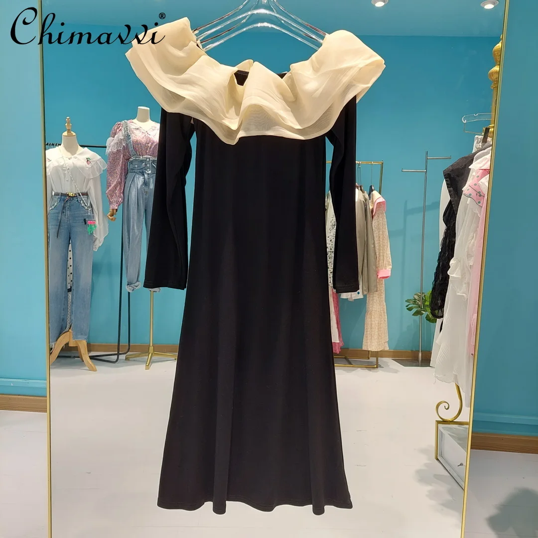 

Hepburn Style French Black White Contrast Color Round Neck Flounce Off-Shoulder Dress Elegant Slim Bottoming Dress 2022 Spring