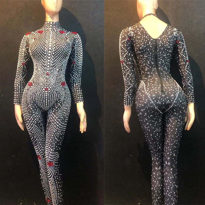 

Full Pearls Rhinestones Stretch Jumpsuit Bar Nightclub Dj Ds Stage Gogo Costumes Women Pole Dance Wear Rave Outfits XS5516