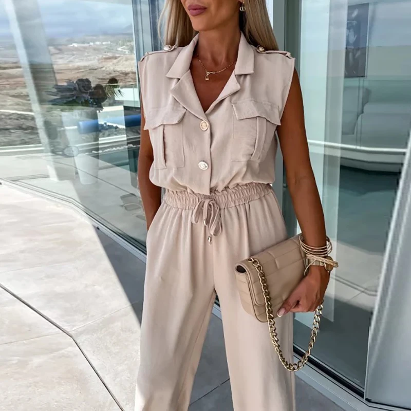 

Office Fashion Collar Button Solid Jumpsuit Women Sleeveless V-neck Slim Long Combinations Summer Lady Lace-up Cargo Overall