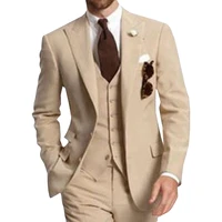 beige three piece business party best men suits peaked lapel two button custom made wedding groom tuxedos 2020 jacket pants vest