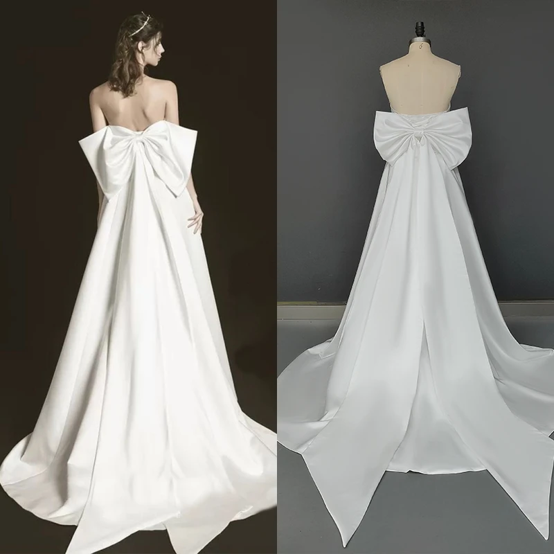 

3422# Real Photos Elegant Sleeveless Backless Satin A-Line Bride Dress Satin Wedding Dress With Detachable Big Bow