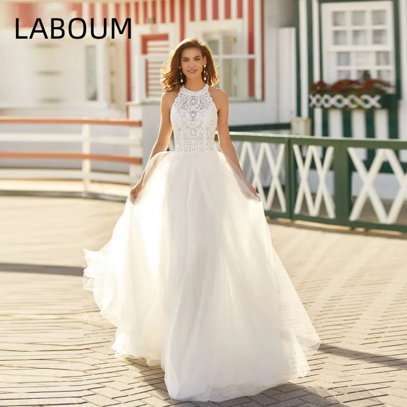 

Женское ТРАПЕЦИЕВИДНОЕ свадебное платье LaBoum, белое Тюлевое платье со шлейфом и лямкой на шее, Элегантное свадебное платье, 2023