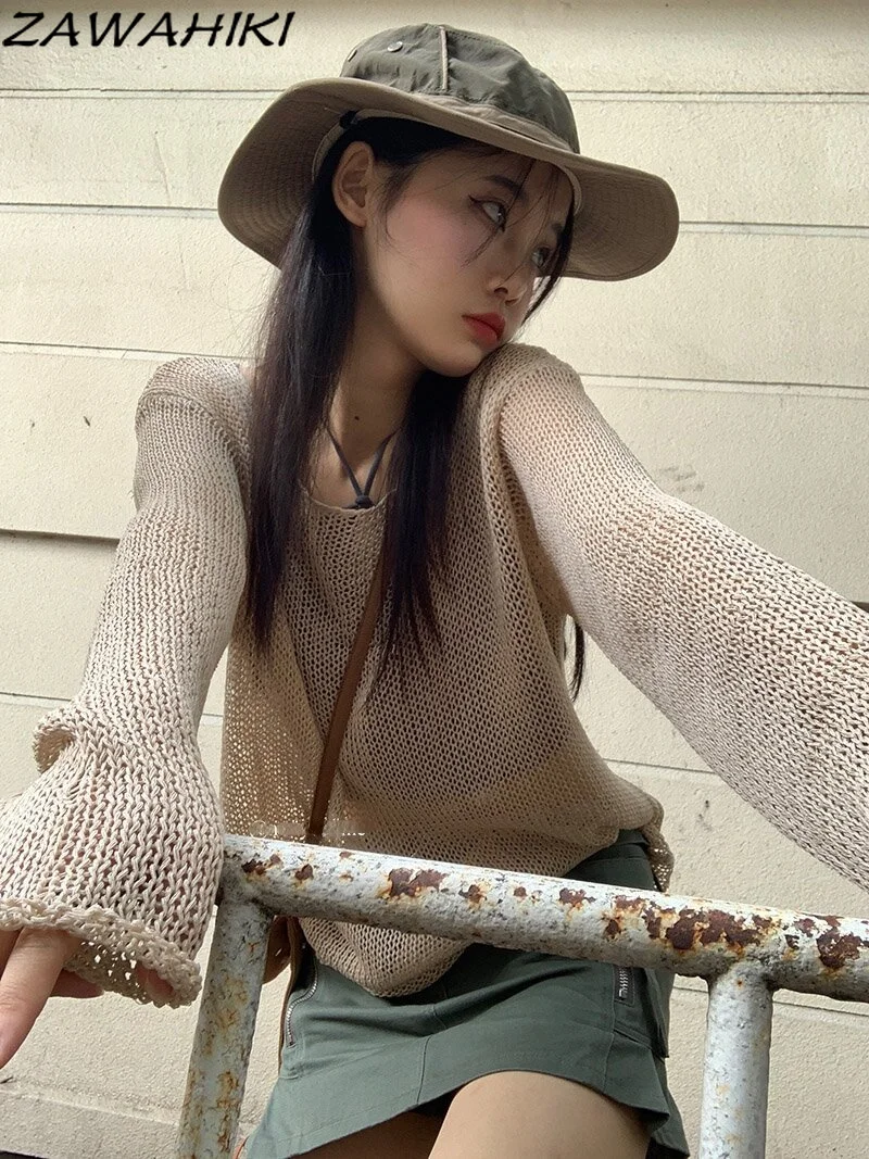 

Ажурный свитер Y2K с круглым вырезом, свободные футболки с длинным рукавом, персиковый винтажный пуловер, повседневные топы с дырками, улична...