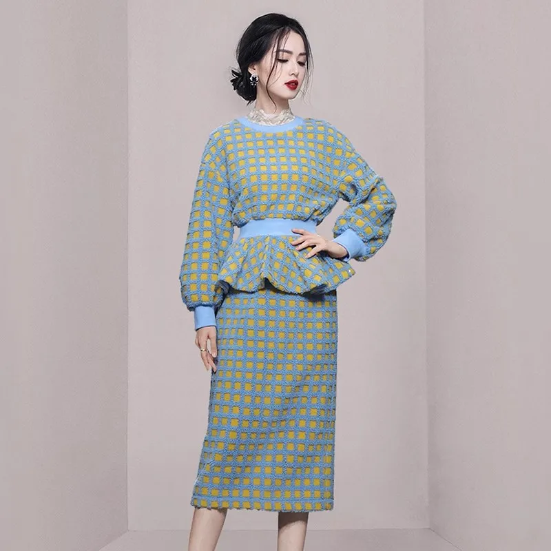 

Autumn Winter Hit Color Plaid 2 Piece Set Women O Neck Lantern Sleeve Ruffles Pullover Tops + Bodycon Pencil Midi Skirt Suit