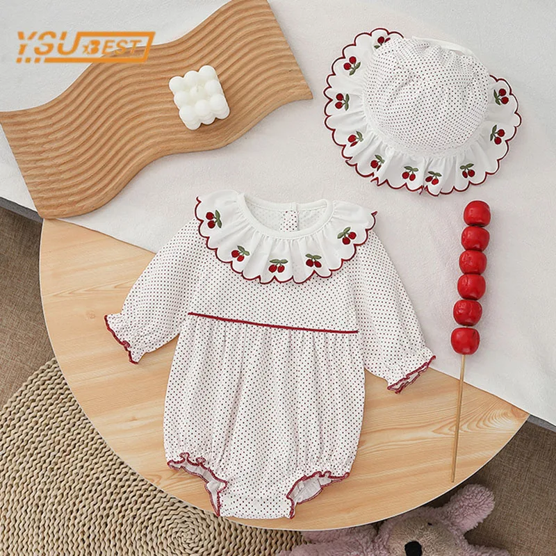 

0-2Yrs Spring Infant Baby Girls Long Sleeve Dot Jumpsuit Newborn Baby Girls Cherry Clothes Rompers Kids Baby Girl Rompers