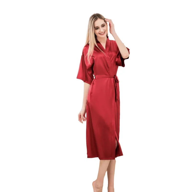 Women's Nightgown Long Kimono Wedding Robe Solid Loungewear Bathrobe Ladies Half-sleeve Hin Sexy Satin Pajamas Women Silk Robes