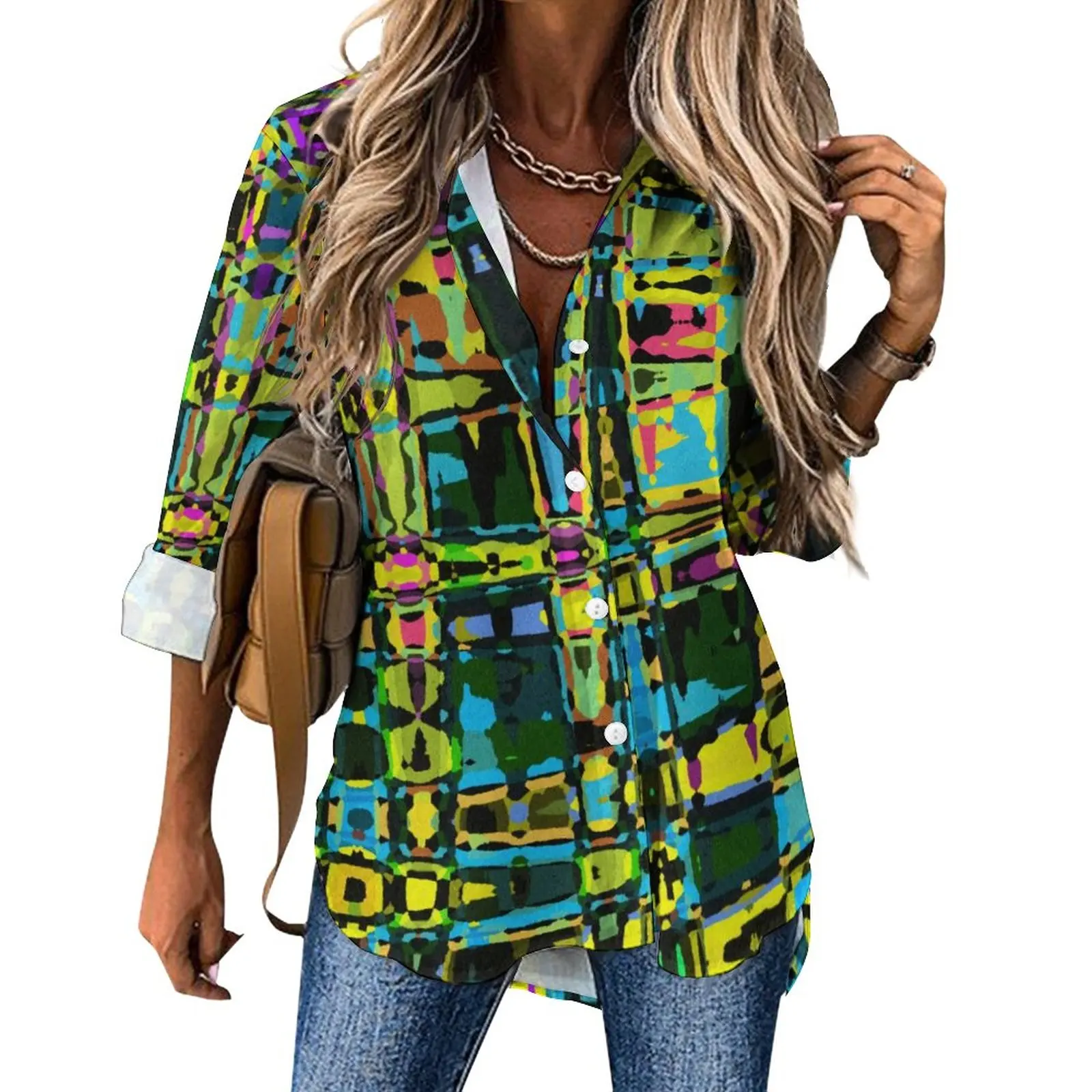 

Повседневная Блузка с абстрактным принтом, цветные Этнические блузки с милым рисунком, женские классические рубашки с длинным рукавом, осенняя одежда оверсайз