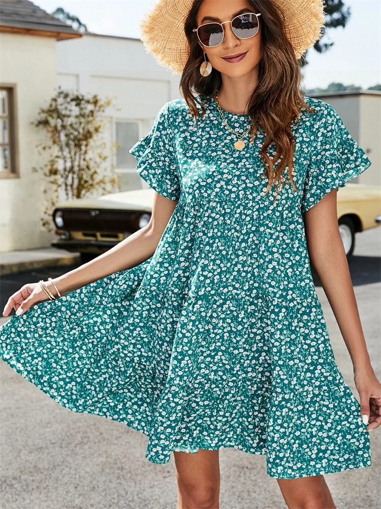 

Print Mini Dress Women Boho Vintage Dress Female Round Neck Short Sleeve Dress Ladies Casual Loose Summer Floral Sundress