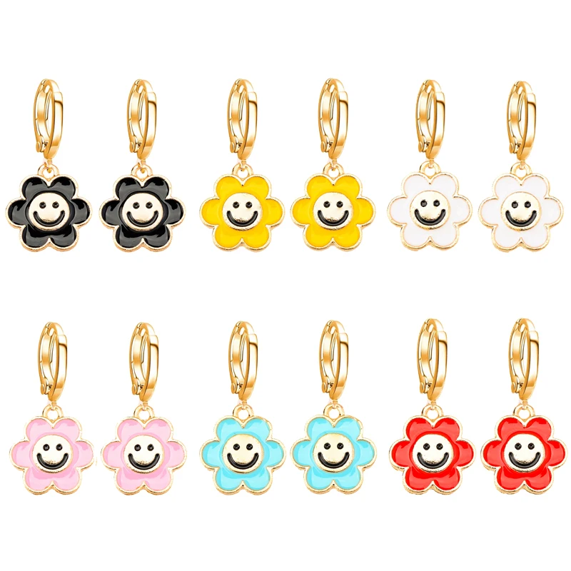 

JQ Fashion 2 Pairs Alloy Enamel Colorful Pendant Hoop Earrings Flower Smiley Yellow Pink Holiday Sweet Jewelry Earings For Women