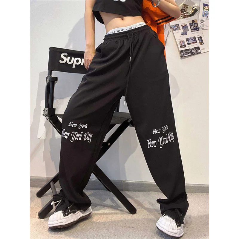 

Women's Bottoms Casual Black Suit Pants Letter Embroidery Vintage High Waist Thin Wide Leg Straight Trouser Fashion Autumn