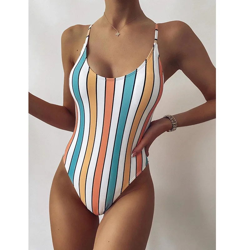 2022 new ladies stripe slim swimsuit one-piece bikini Europe and America sexy backless halter swimsuit