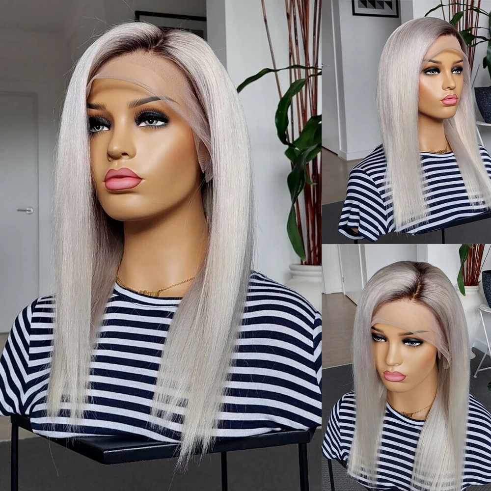 Ed Wig Grey White Brazilian Hair Hd Transparent Lace Wigs For Women Dark Root
