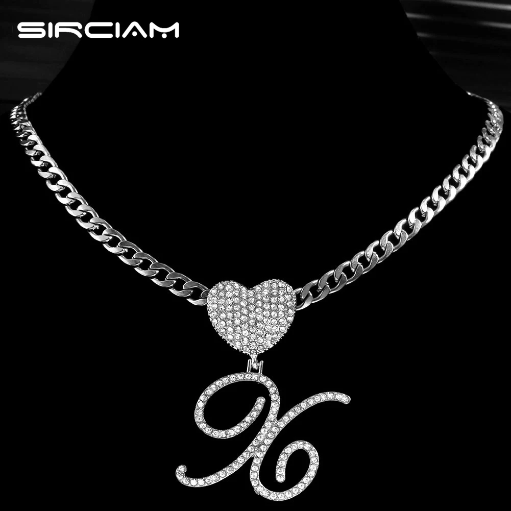 

Hiphop Crystal Cursive Initial Letters Heart Pendant Necklace For Men Women Stainless Steel Link Chain Alphabet Necklace Jewelry