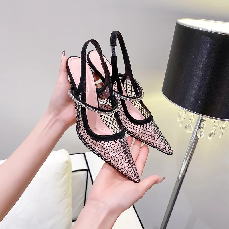 High Heeled Shoes Women's Mesh Hollow Diamond Pointed Transparent Sandals Women's Black Thin Heel