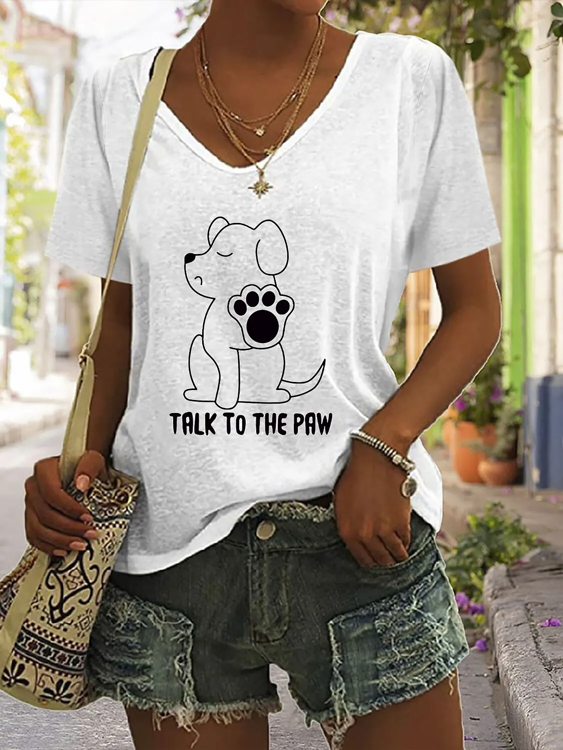

Summer Women Short Sleeve V-neck Loose T Shirt For Women White Fashion Ladies T-shirt 3D Dog Letter Print Top Casual Clothes