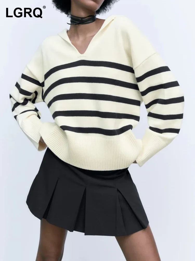 

LGRQ Новинка 2023 Модный женский вязаный пуловер в полоску с воротником и рукавом Поло высококачественный модный осенний уличный свитер 19F1693