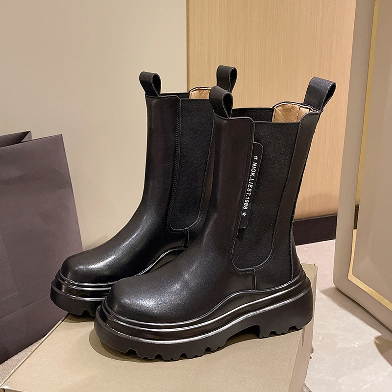 Ladies Chelsea Boots 2022 New Chunky Heel Round Toe Shoes Women Short Boots Platform High Heels Square Heel Zapatilla De Muje