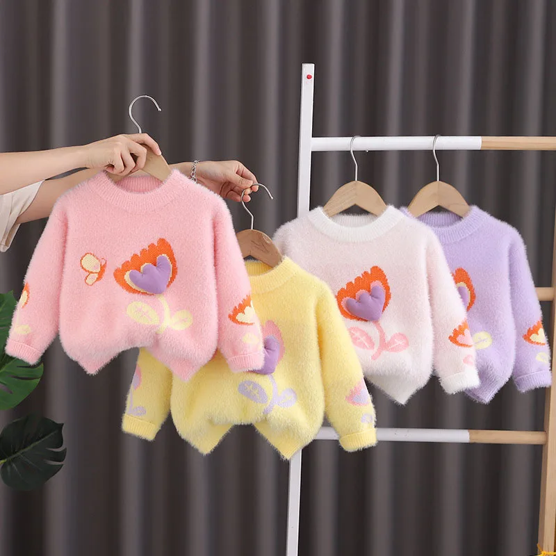 

Girls Knit Sweater Kids Clothing 2023 Fall Winter Warm Knitted Pullover Jumper Flower Long Sleeve O-Neck Children Knitwear Tops
